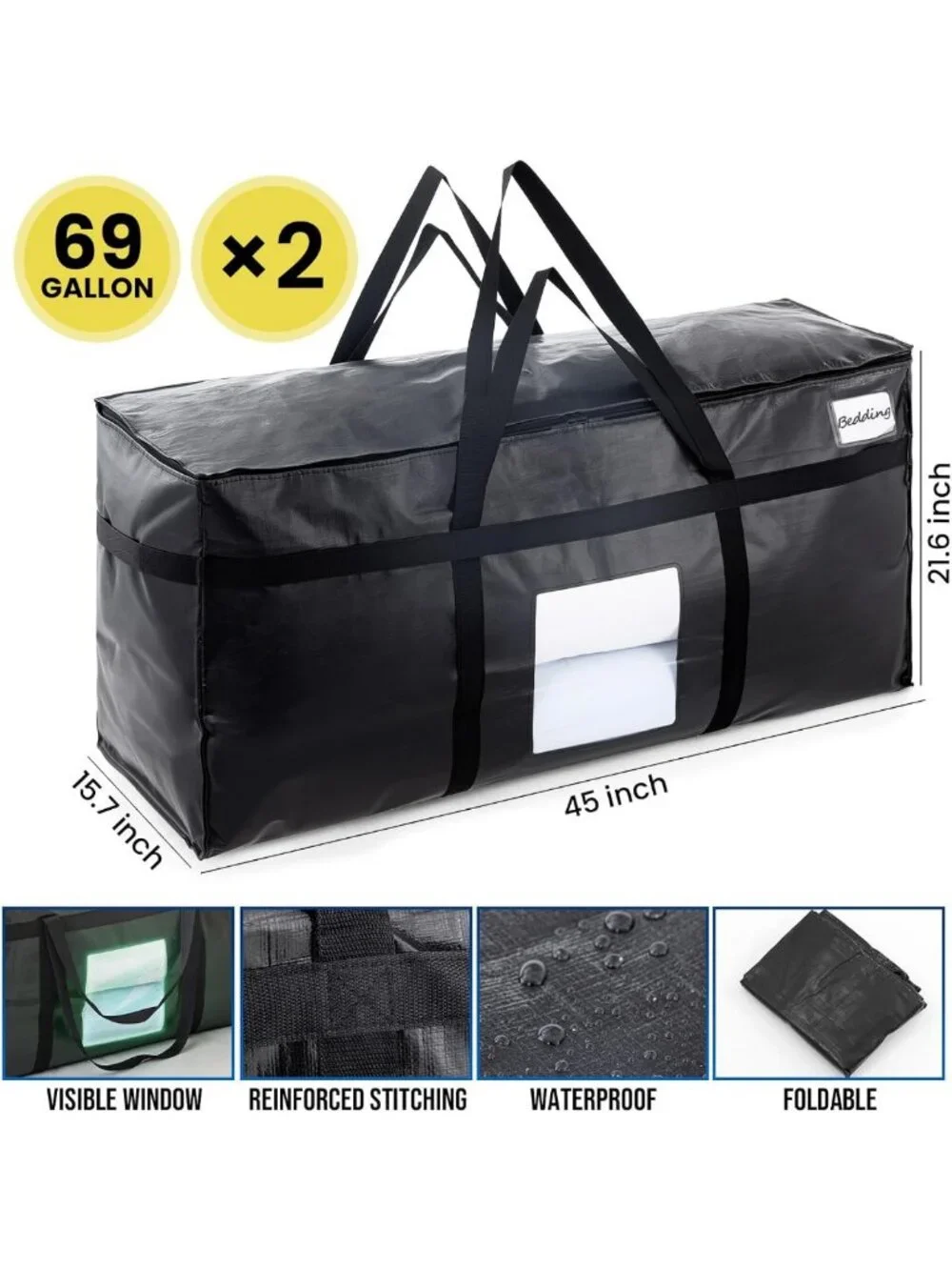 2 Pack Extra Large 69 Gallon Storage Bags with Clear Window - Durable